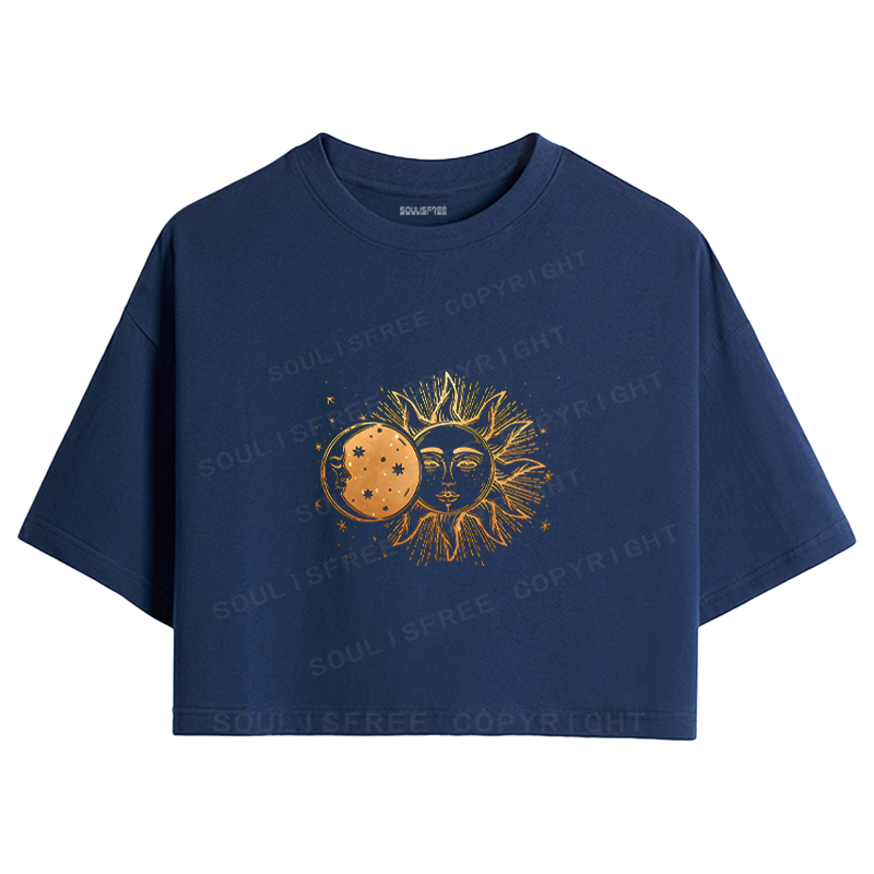 Soulisfree Celestial Gold Sun & Moon Crop Tee