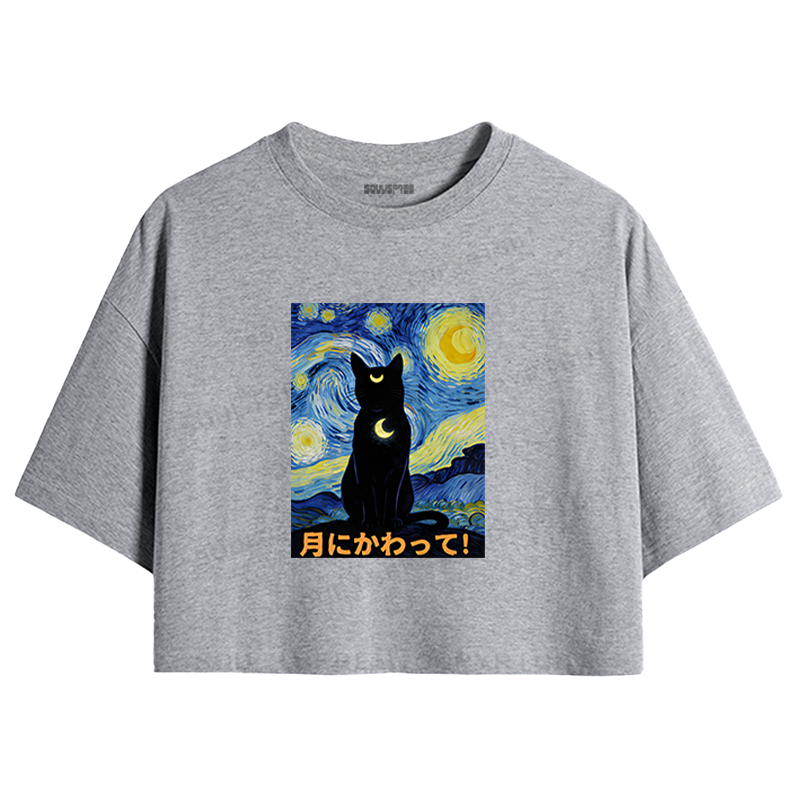 Soulisfree Starry Night Moon Cat Crop Tee