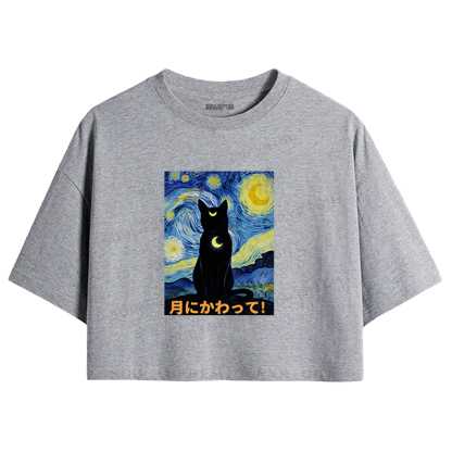 Soulisfree Starry Night Moon Cat Crop Tee