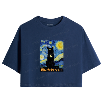 Soulisfree Starry Night Moon Cat Crop Tee