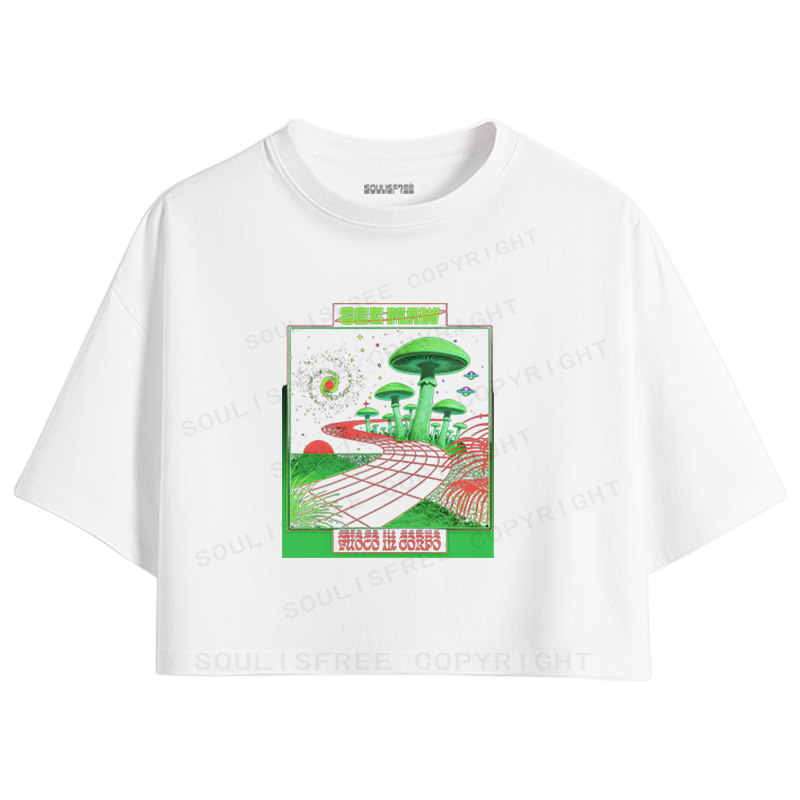Soulisfree Retro Sci-Fi Mushroom Landscape Crop Tee