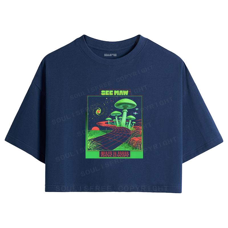 Soulisfree Retro Sci-Fi Mushroom Landscape Crop Tee