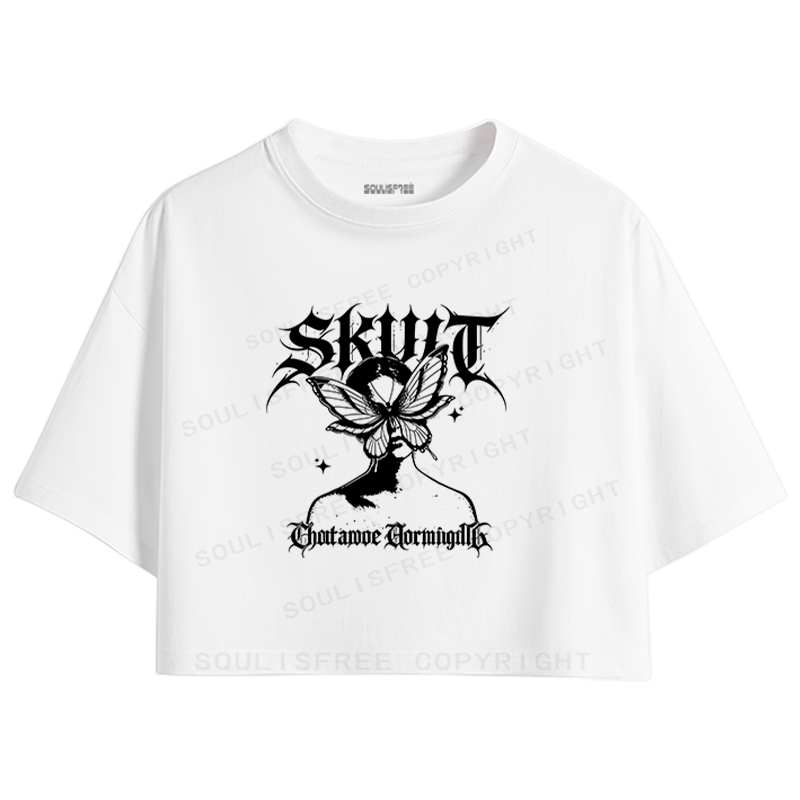 Soulisfree Gothic Butterfly Skull Vintage Crop Tee