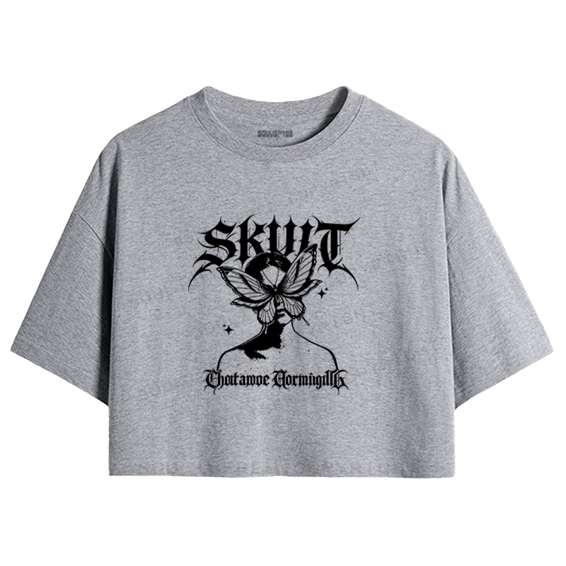 Soulisfree Gothic Butterfly Skull Vintage Crop Tee
