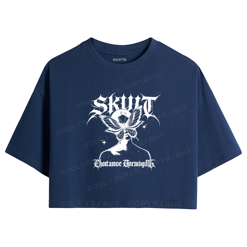 Soulisfree Gothic Butterfly Skull Vintage Crop Tee