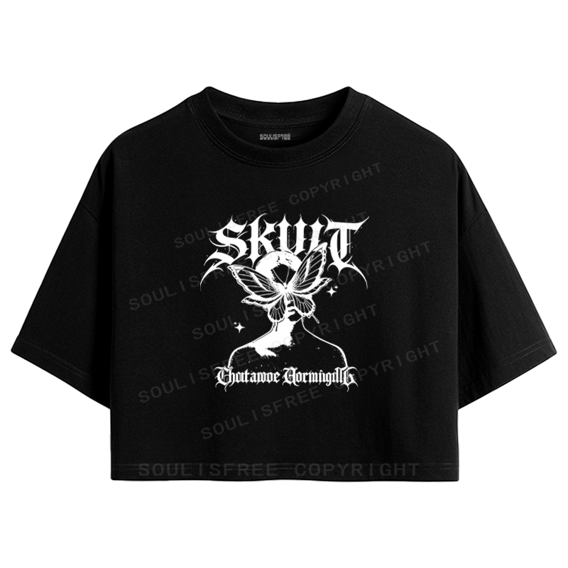 Soulisfree Gothic Butterfly Skull Vintage Crop Tee