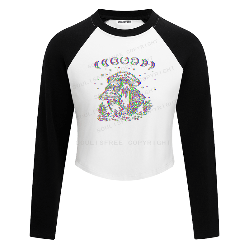Soulisfree Mushroom and Moon Optic Lines Illusion Raglan Crop Tee