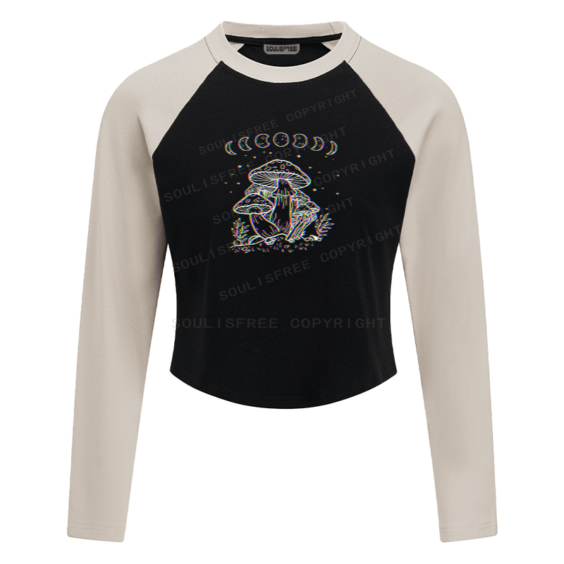 Soulisfree Mushroom and Moon Optic Lines Illusion Raglan Crop Tee
