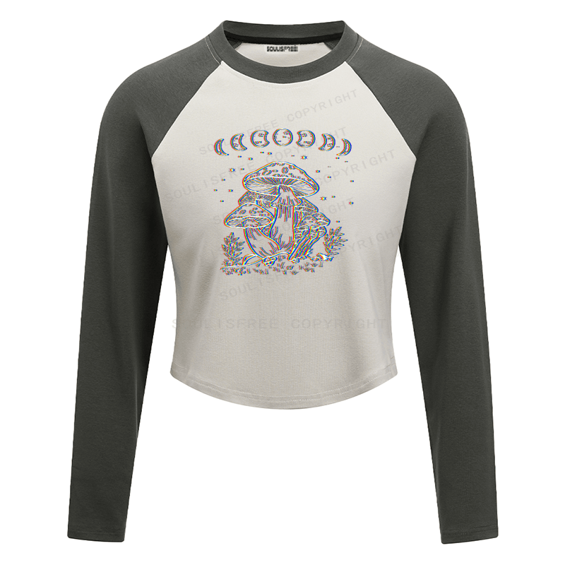 Soulisfree Mushroom and Moon Optic Lines Illusion Raglan Crop Tee