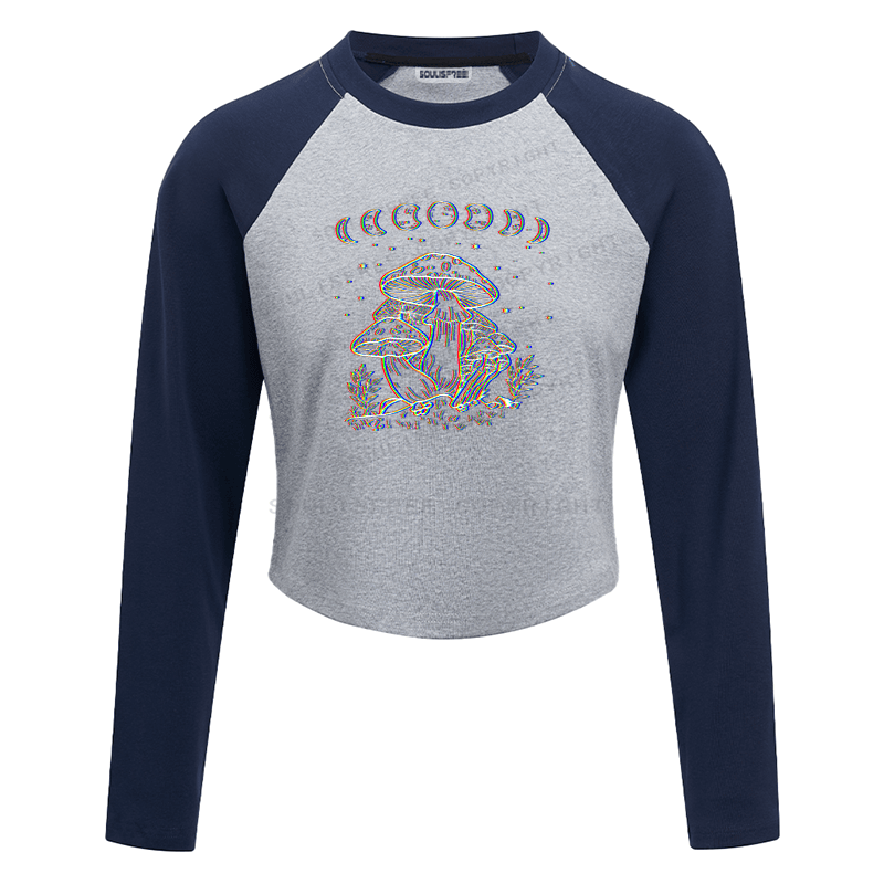 Soulisfree Mushroom and Moon Optic Lines Illusion Raglan Crop Tee