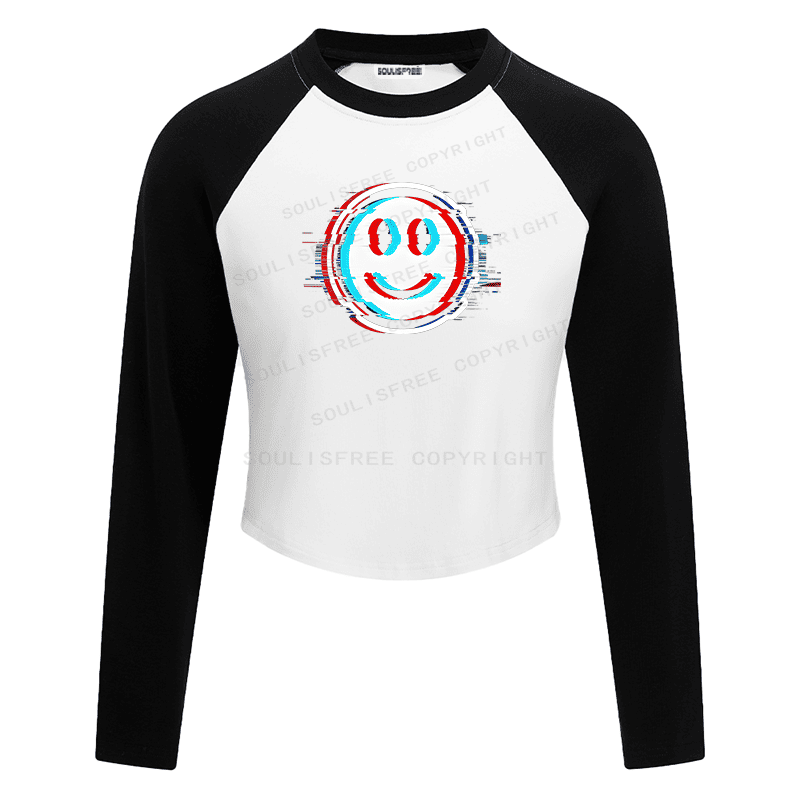 Soulisfree Glitch Smile Dual Line Illusion Raglan Crop Tee