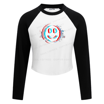 Soulisfree Glitch Smile Dual Line Illusion Raglan Crop Tee