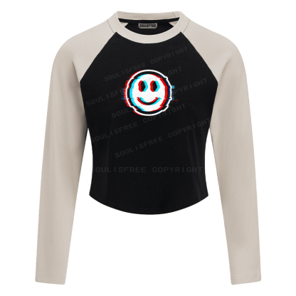 Soulisfree Glitch Smile Dual Line Illusion Raglan Crop Tee