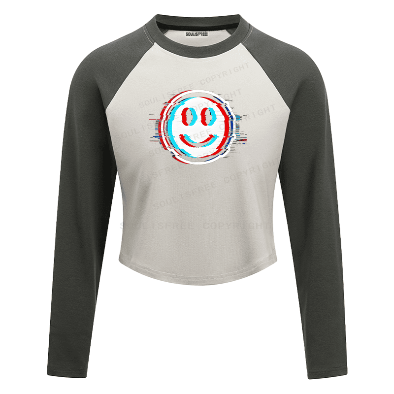 Soulisfree Glitch Smile Dual Line Illusion Raglan Crop Tee