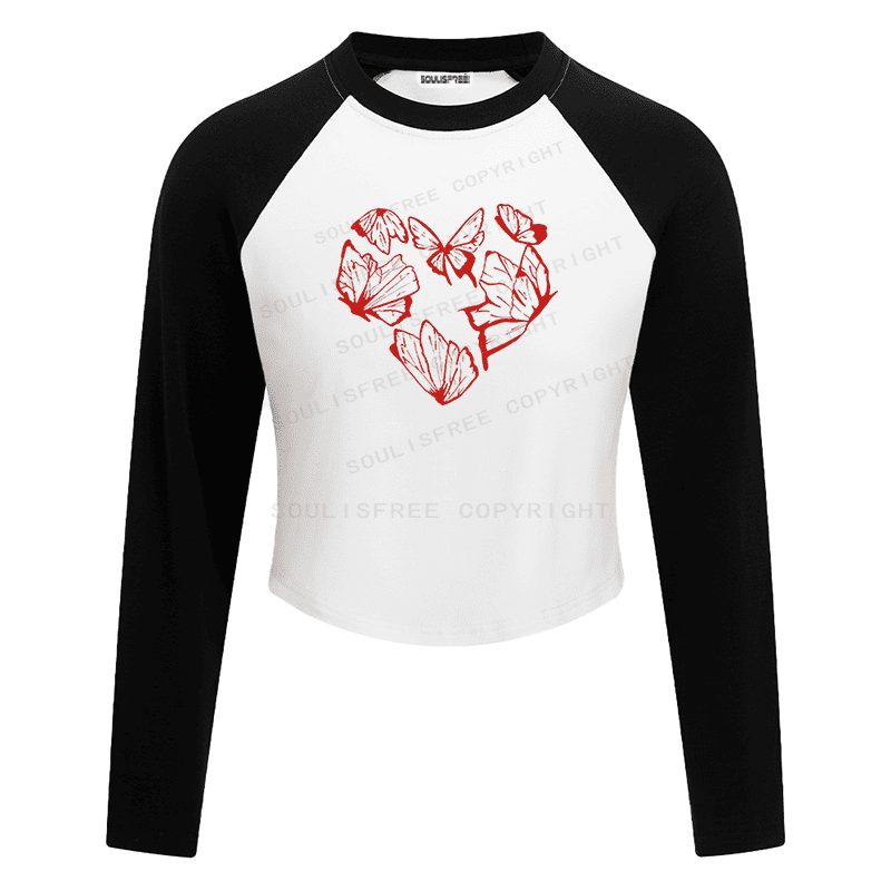 Soulisfree Red Butterfly Heart Outline Cluster Illusion Raglan Crop Tee
