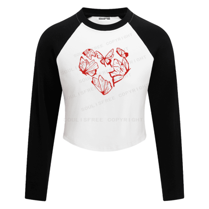 Soulisfree Red Butterfly Heart Outline Cluster Illusion Raglan Crop Tee