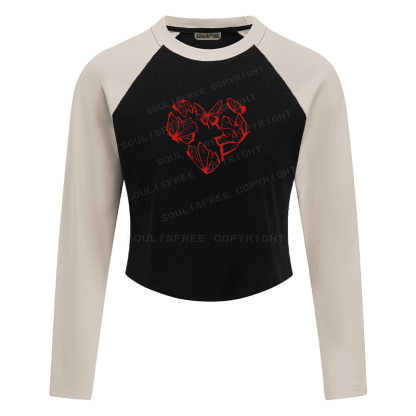 Soulisfree Red Butterfly Heart Outline Cluster Illusion Raglan Crop Tee