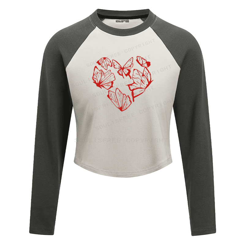 Soulisfree Red Butterfly Heart Outline Cluster Illusion Raglan Crop Tee