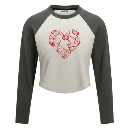 Soulisfree Red Butterfly Heart Outline Cluster Illusion Raglan Crop Tee