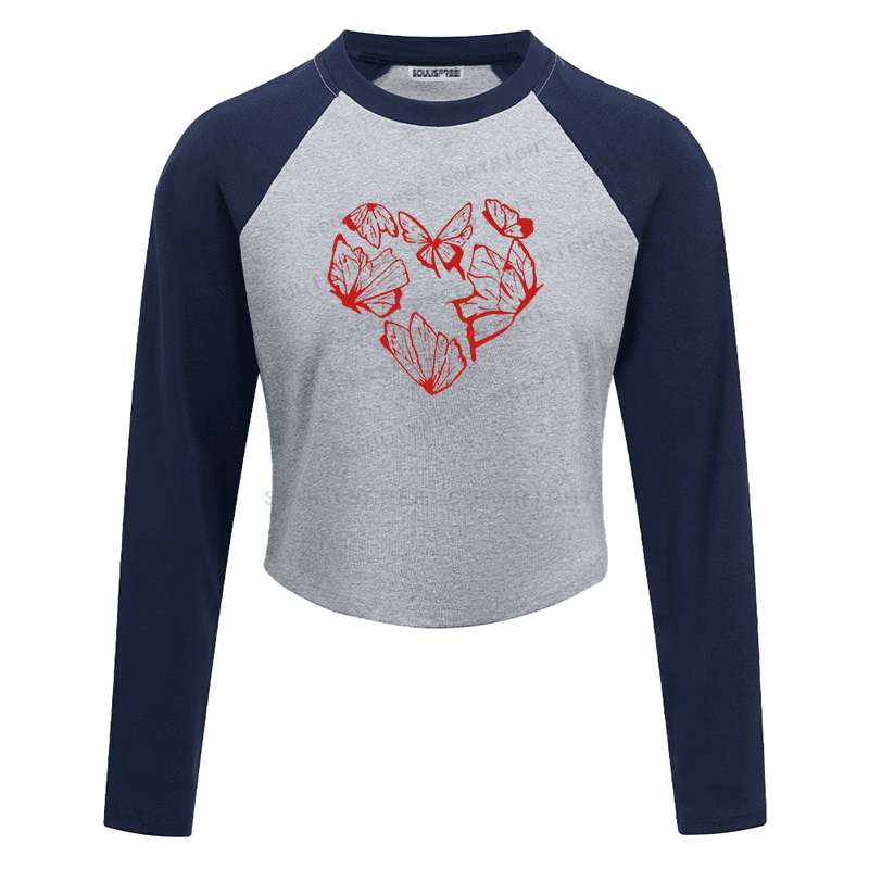 Soulisfree Red Butterfly Heart Outline Cluster Illusion Raglan Crop Tee