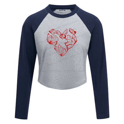 Soulisfree Red Butterfly Heart Outline Cluster Illusion Raglan Crop Tee