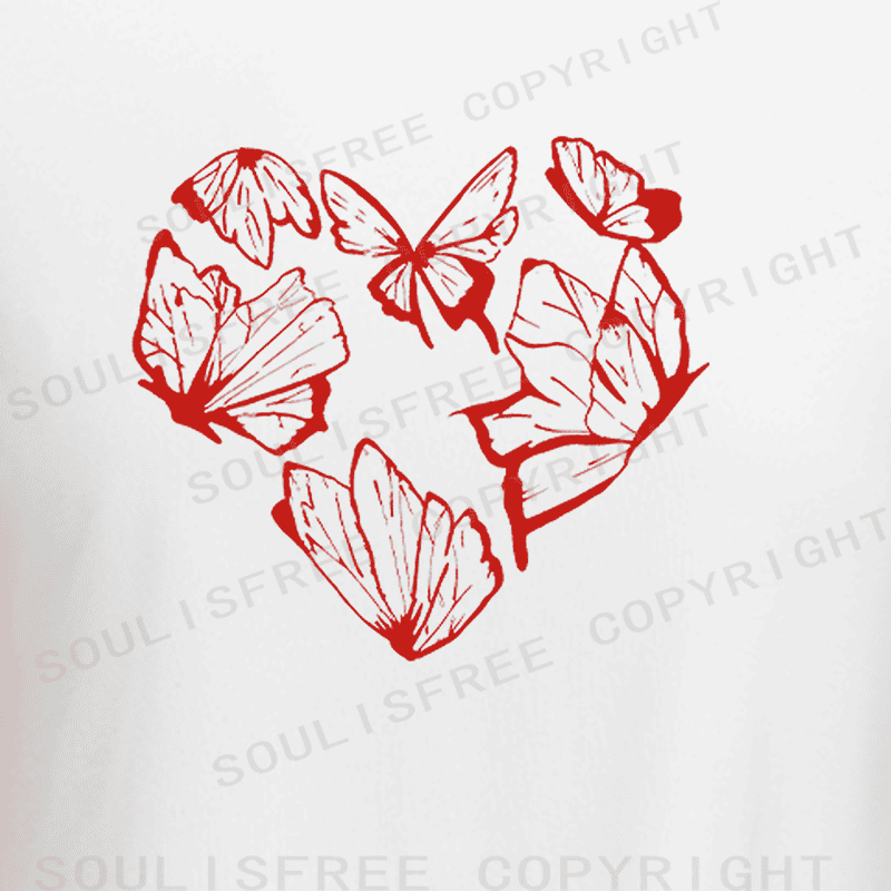 Soulisfree Red Butterfly Heart Outline Cluster Illusion Raglan Crop Tee