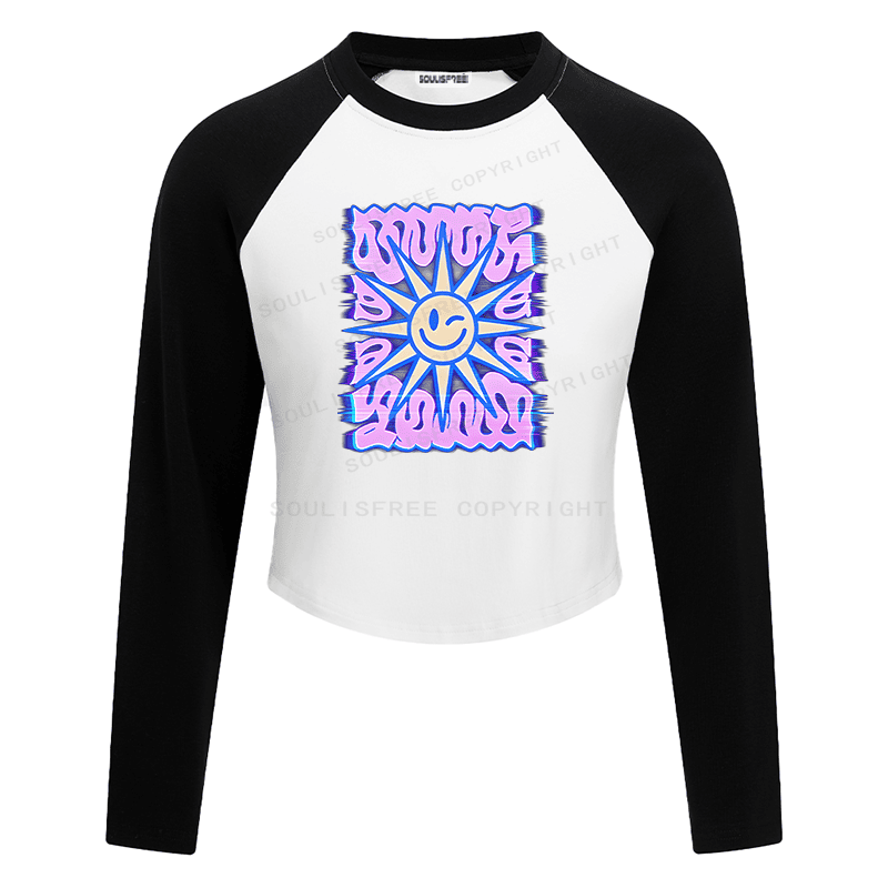 Soulisfree Smile Sun Color Border Illusion Raglan Crop Tee