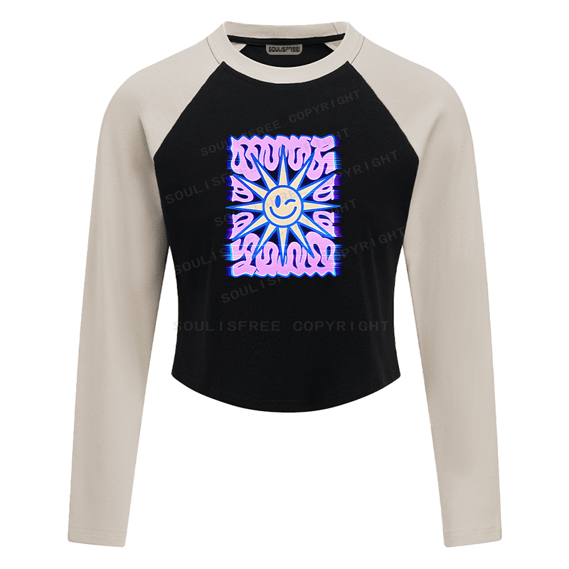 Soulisfree Smile Sun Color Border Illusion Raglan Crop Tee