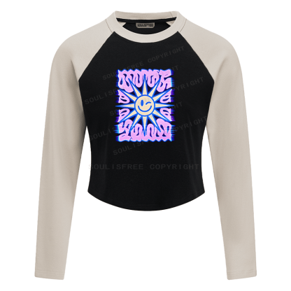 Soulisfree Smile Sun Color Border Illusion Raglan Crop Tee