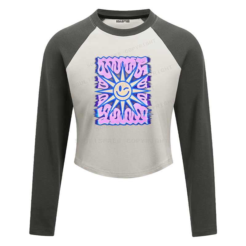 Soulisfree Smile Sun Color Border Illusion Raglan Crop Tee