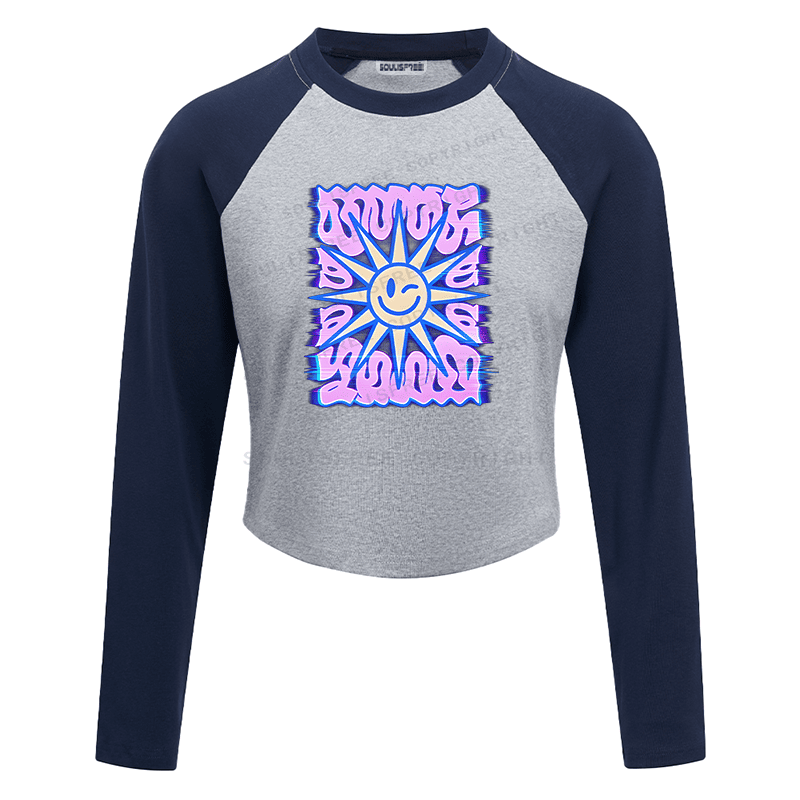 Soulisfree Smile Sun Color Border Illusion Raglan Crop Tee