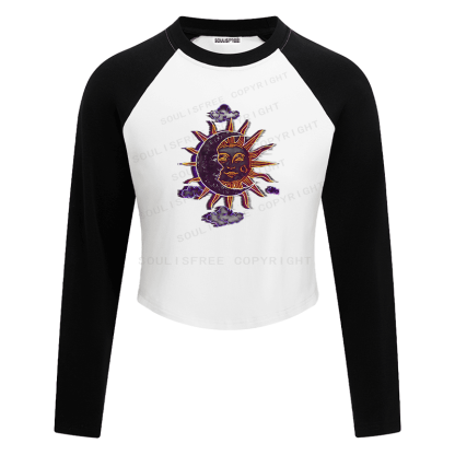 Soulisfree Celestial Duo Sun Moon Face Illusion Raglan Crop Tee