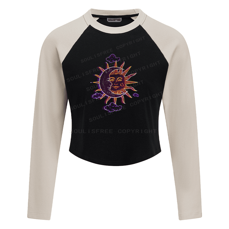Soulisfree Celestial Duo Sun Moon Face Illusion Raglan Crop Tee