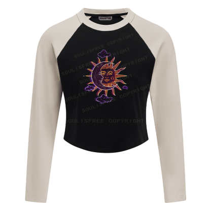 Soulisfree Celestial Duo Sun Moon Face Illusion Raglan Crop Tee