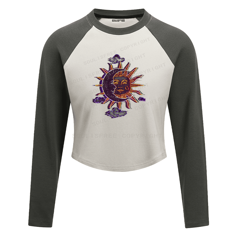 Soulisfree Celestial Duo Sun Moon Face Illusion Raglan Crop Tee