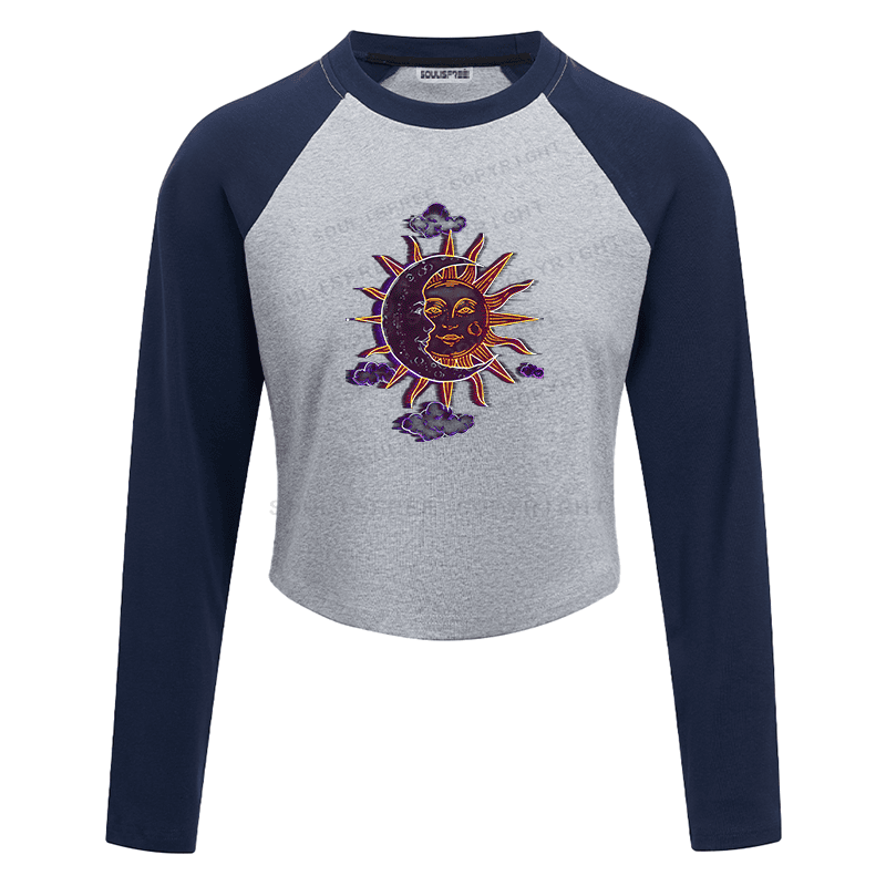 Soulisfree Celestial Duo Sun Moon Face Illusion Raglan Crop Tee