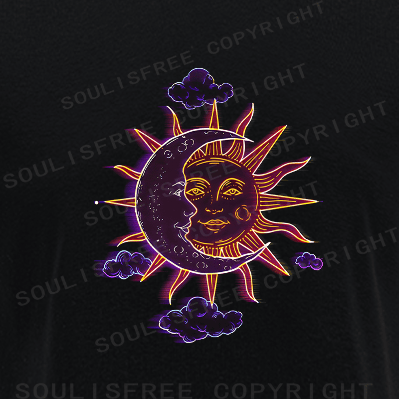 Soulisfree Celestial Duo Sun Moon Face Illusion Raglan Crop Tee