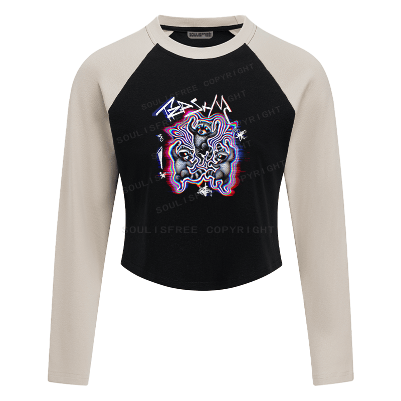 Soulisfree Triple Bear Psychedelic Wave Illusion Raglan Crop Tee