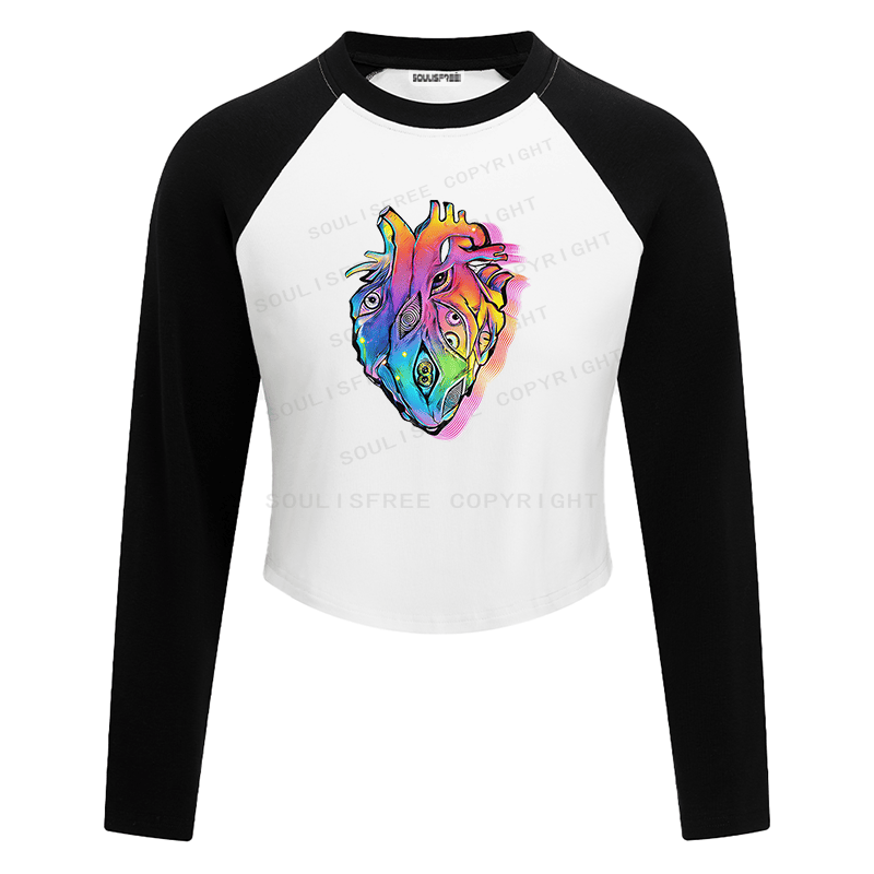 Soulisfree Rainbow Heart Spiral Eye Illusion Raglan Crop Tee
