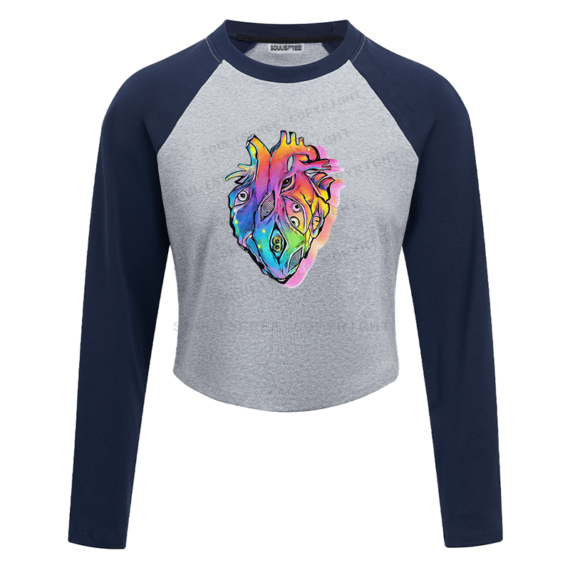 Soulisfree Rainbow Heart Spiral Eye Illusion Raglan Crop Tee