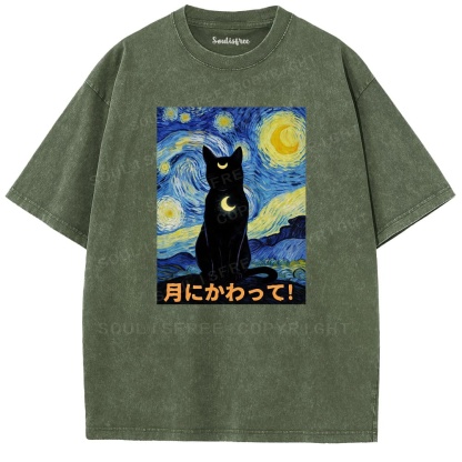 Soulisfree Starry Night Moon Cat  Washed Tee