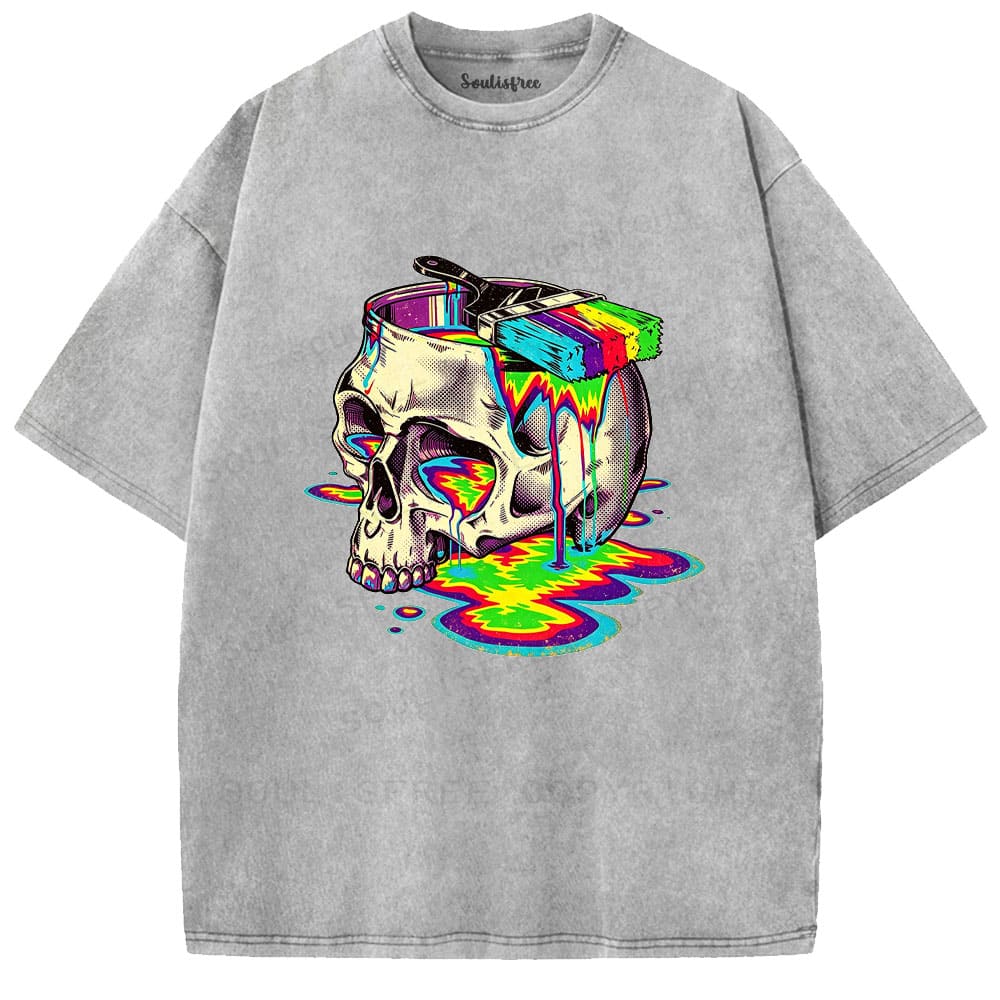 Soulisfree Rainbow Skull Paint Splash  Washed Tee