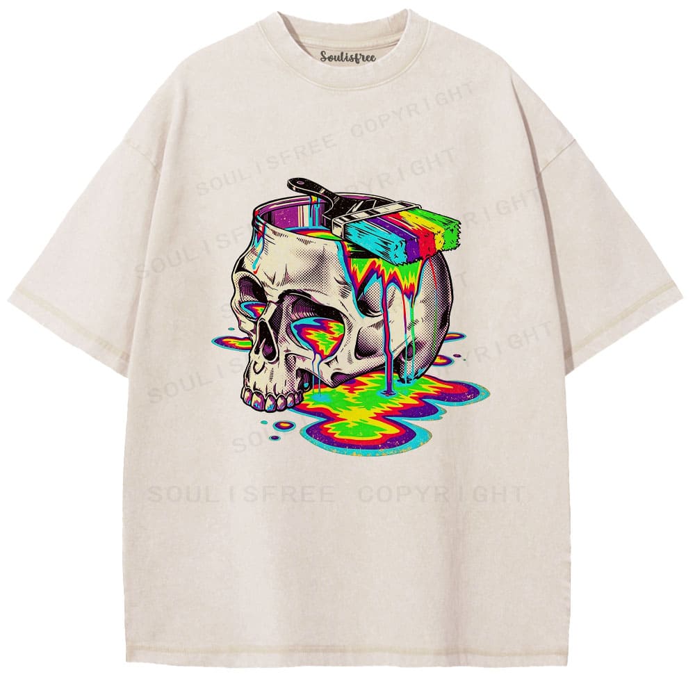 Soulisfree Rainbow Skull Paint Splash  Washed Tee