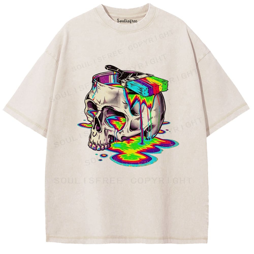 Soulisfree Rainbow Skull Paint Splash  Washed Tee