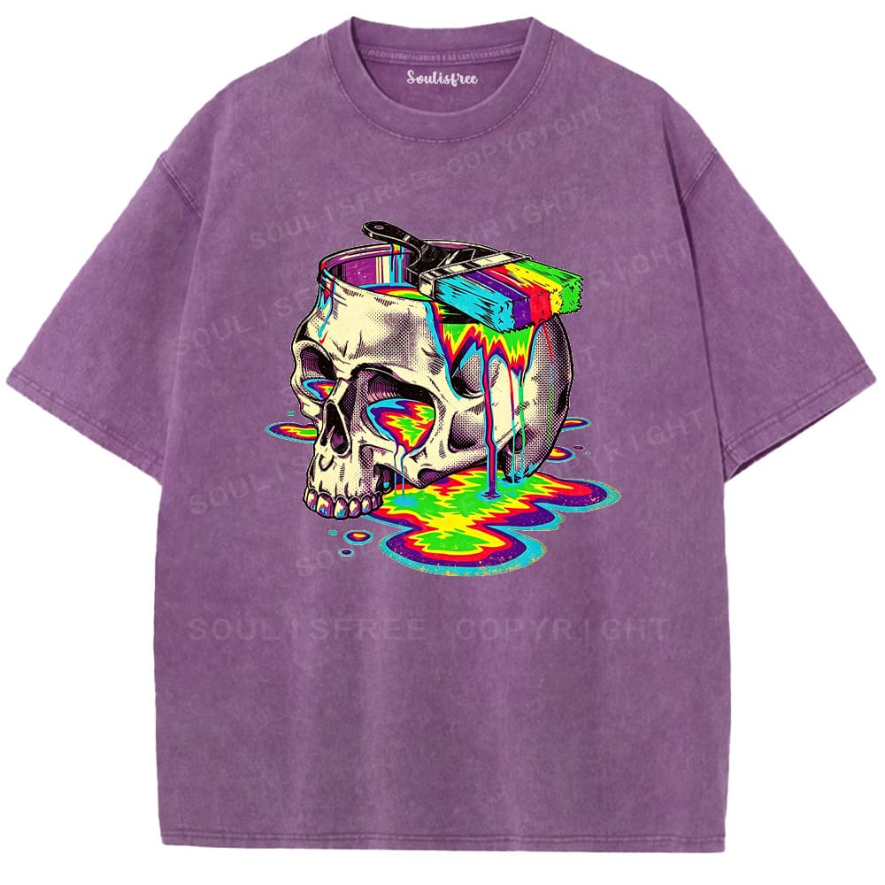 Soulisfree Rainbow Skull Paint Splash  Washed Tee