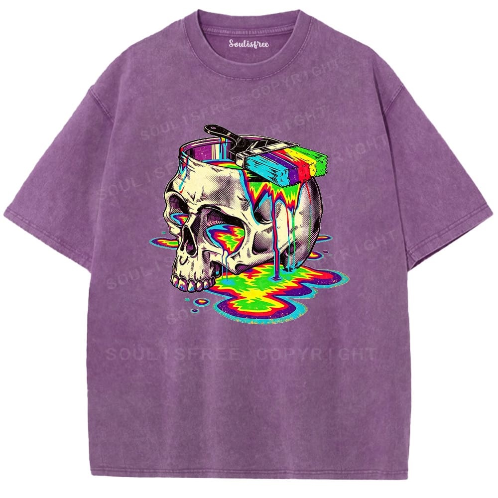 Soulisfree Rainbow Skull Paint Splash  Washed Tee