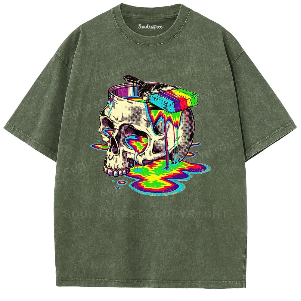 Soulisfree Rainbow Skull Paint Splash  Washed Tee