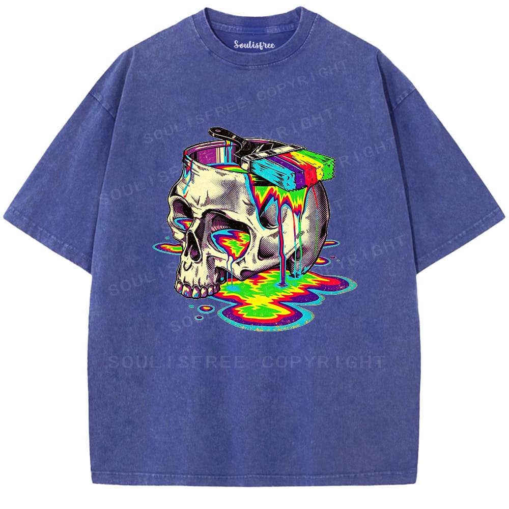 Soulisfree Rainbow Skull Paint Splash  Washed Tee