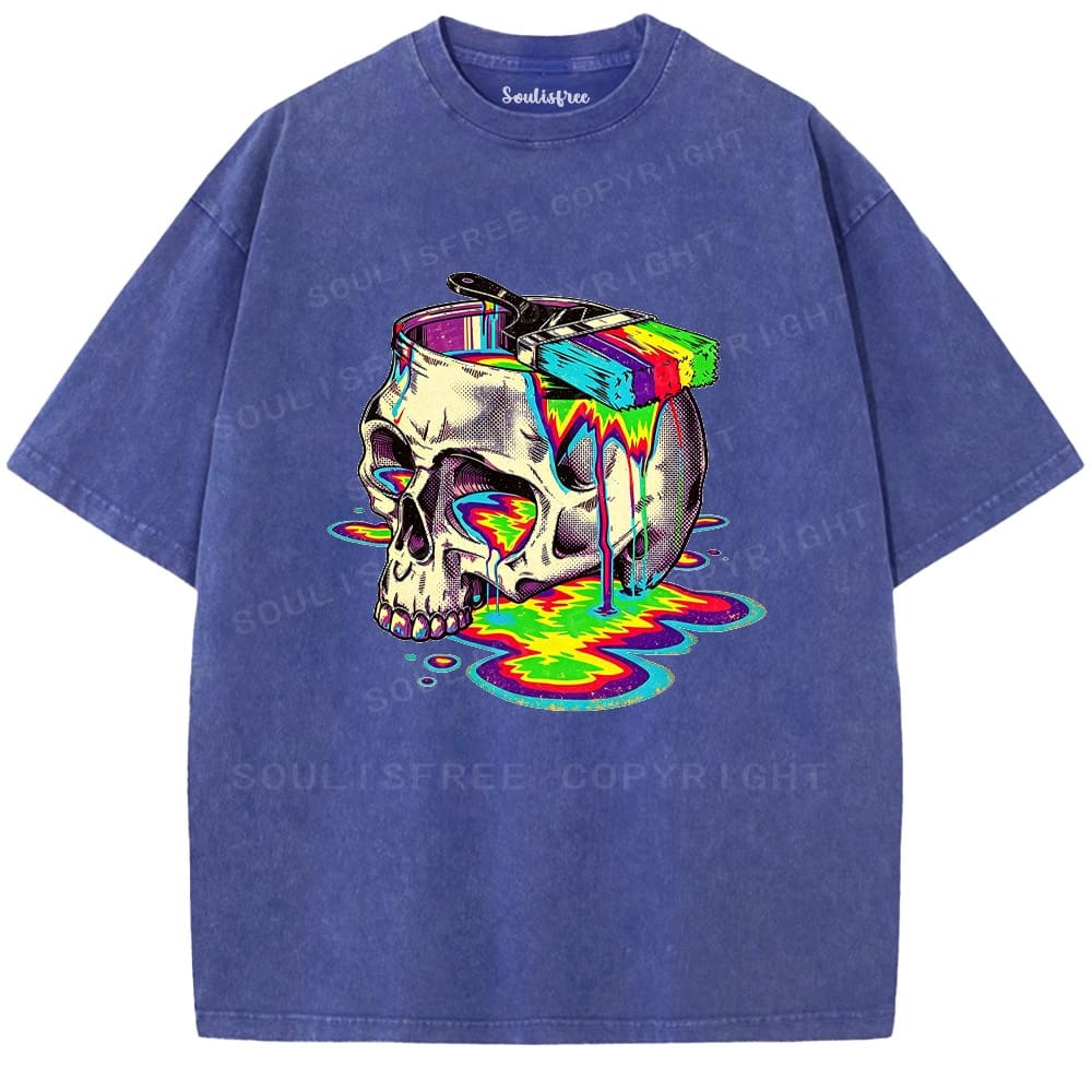 Soulisfree Rainbow Skull Paint Splash  Washed Tee