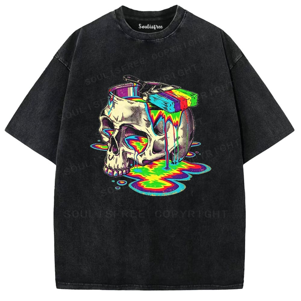 Soulisfree Rainbow Skull Paint Splash  Washed Tee